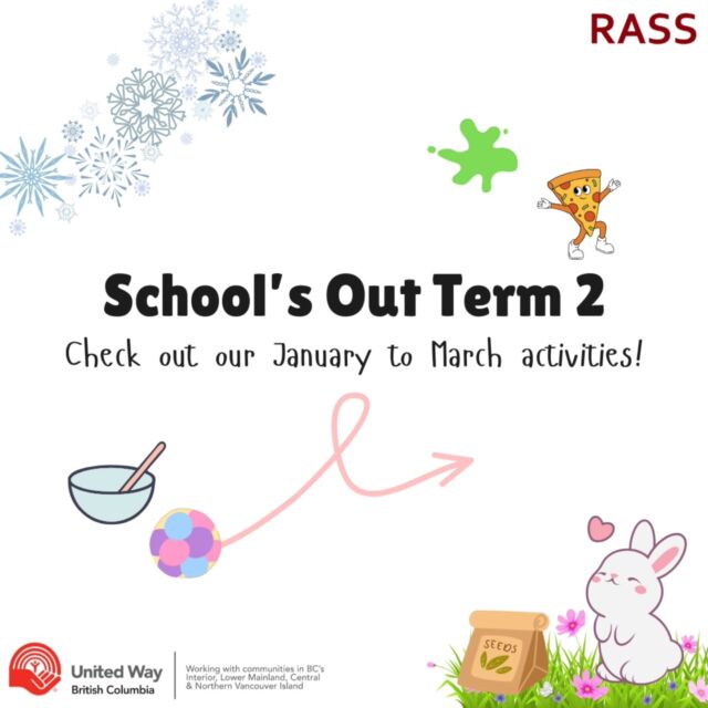 That's a wrap on School's Out Term 2! Check out our post to see our activities, like hanging out with rabbits, making haystack cookies and pizza, DIY moon sand stress balls, and fun in the snow.

RASS sends a huge thank you to the students, families, our guests Sharlene Singh from SPEC School Gardens Program and Stephanie Munn from Rabbitats, as well as @unitedway_bc for supporting and funding our program. We look forward to seeing you all after spring break!

#RASS #rassrichmond #UWBC #unitedwaybc_lowermainland #schoolsout #prevention #wellness #families #socialemotionaldevelopment